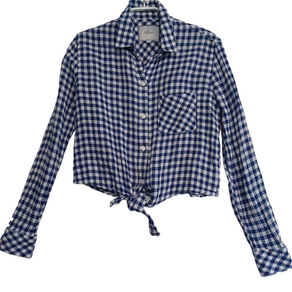 Rails Womens Blue White Gingham Tie Front Button Down Shirt XS Cropped Long Slv - Picture 11 of 12